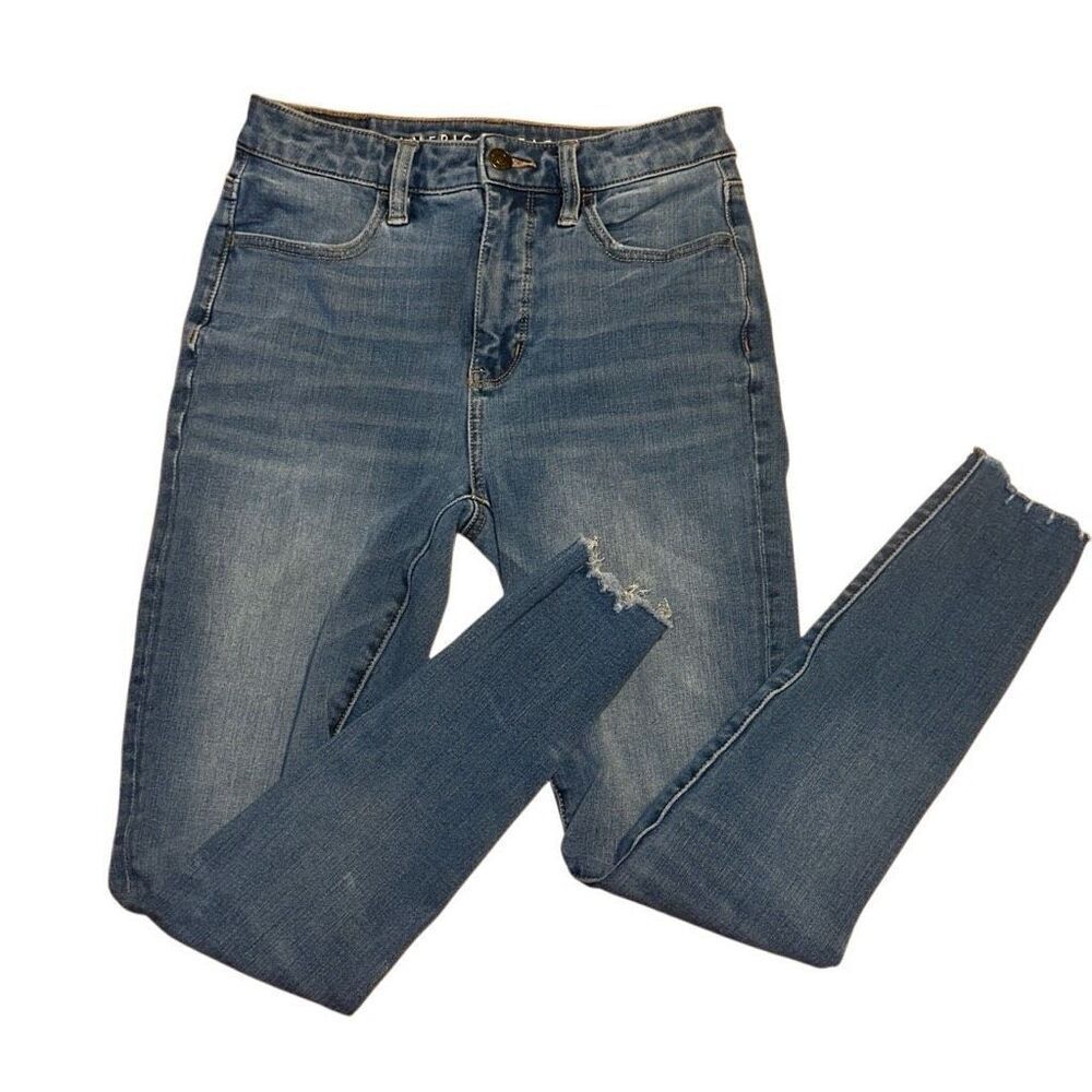 American Eagle Jegging Super Stretch Sz 2 LONG Length Med Dark Wash Denim Jeans
